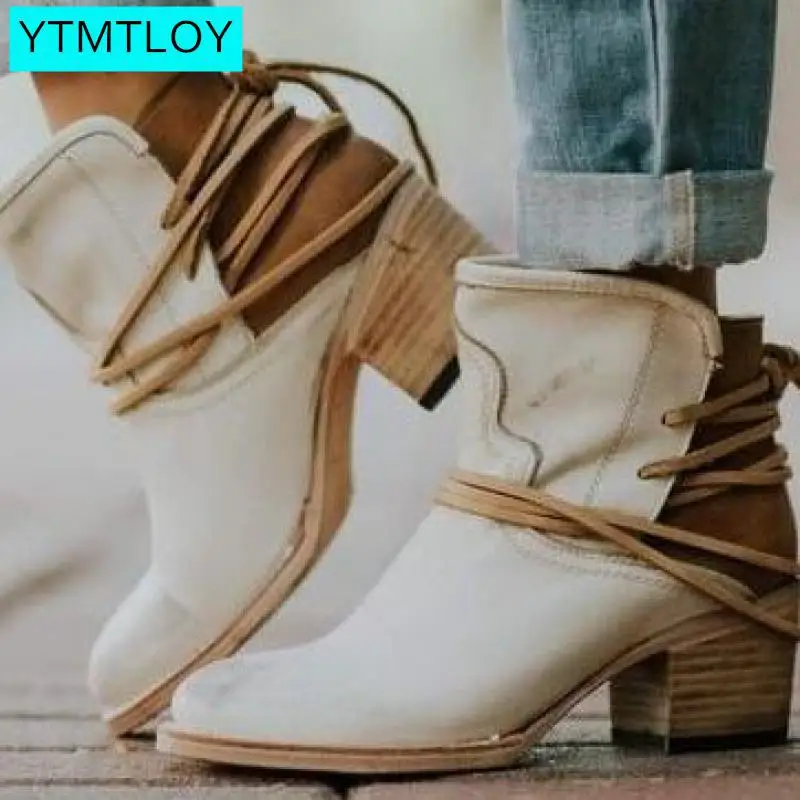 Г. Женские ботильоны зимняя кожаная обувь на высоком каблуке в стиле ретро; ботинки в ковбойском стиле; большие размеры 35-43; Zapatos Puntiagudos Block - Цвет: White