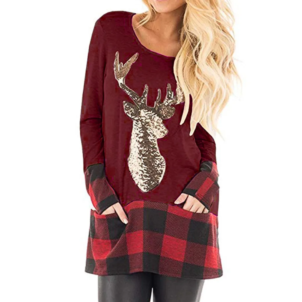 Рождественская женская блузка размера плюс, в клетку, с оленем, с принтом Санта Клауса, Рождественская туника с длинным рукавом, женский топ и блузки#38 - Цвет: Wine Red