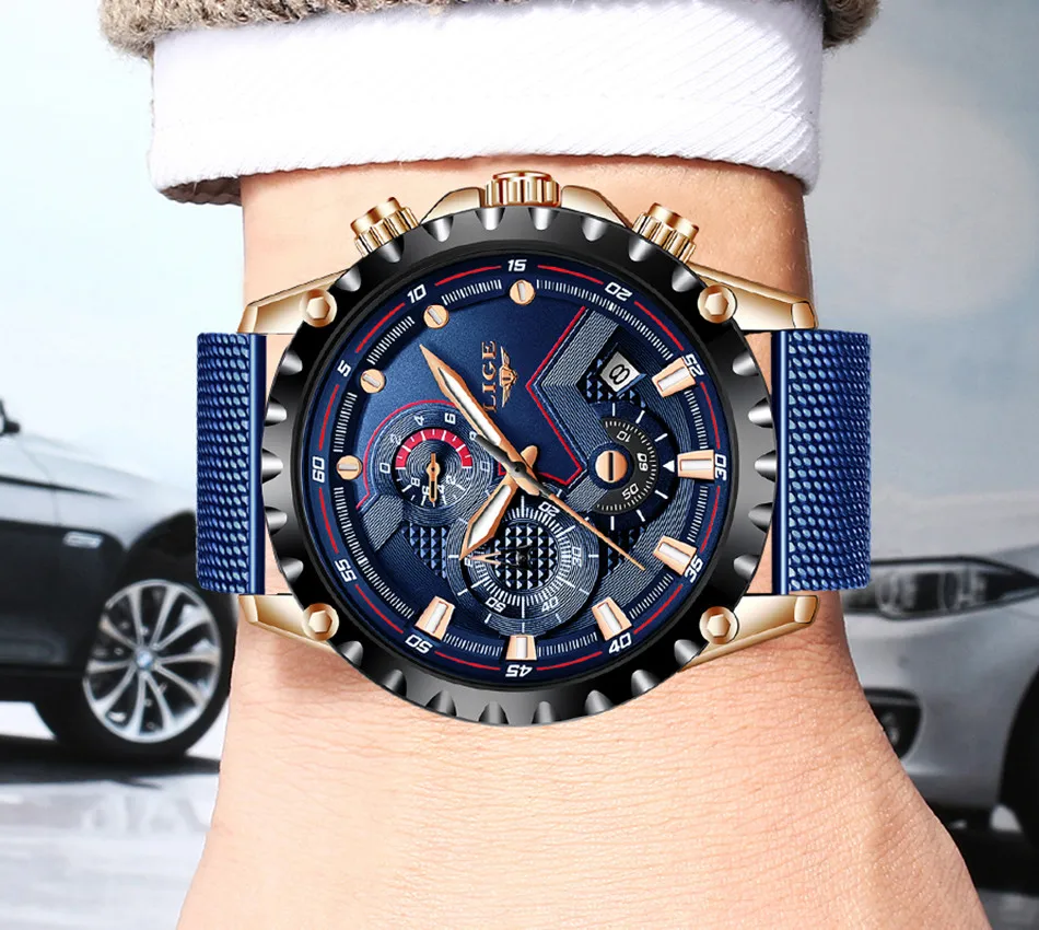 LIGE новые синие повседневные часы с сетчатым ремешком модные кварцевые золотые мужские часы топ брендовые роскошные часы с хронографом Relogio Masculino
