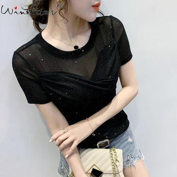 

Cotton T Shirt Women Sexy See-through Tshirt Ladies Short Sleeve Top Tees 2020 New Summer Stretchy Clothes Femininas T05217B