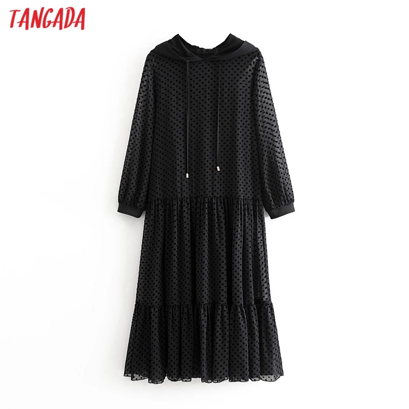 

Tangada women elegant black dot hooded mesh dress long sleeve 2020 new arrival lady casual midi dress vestidos 3h375