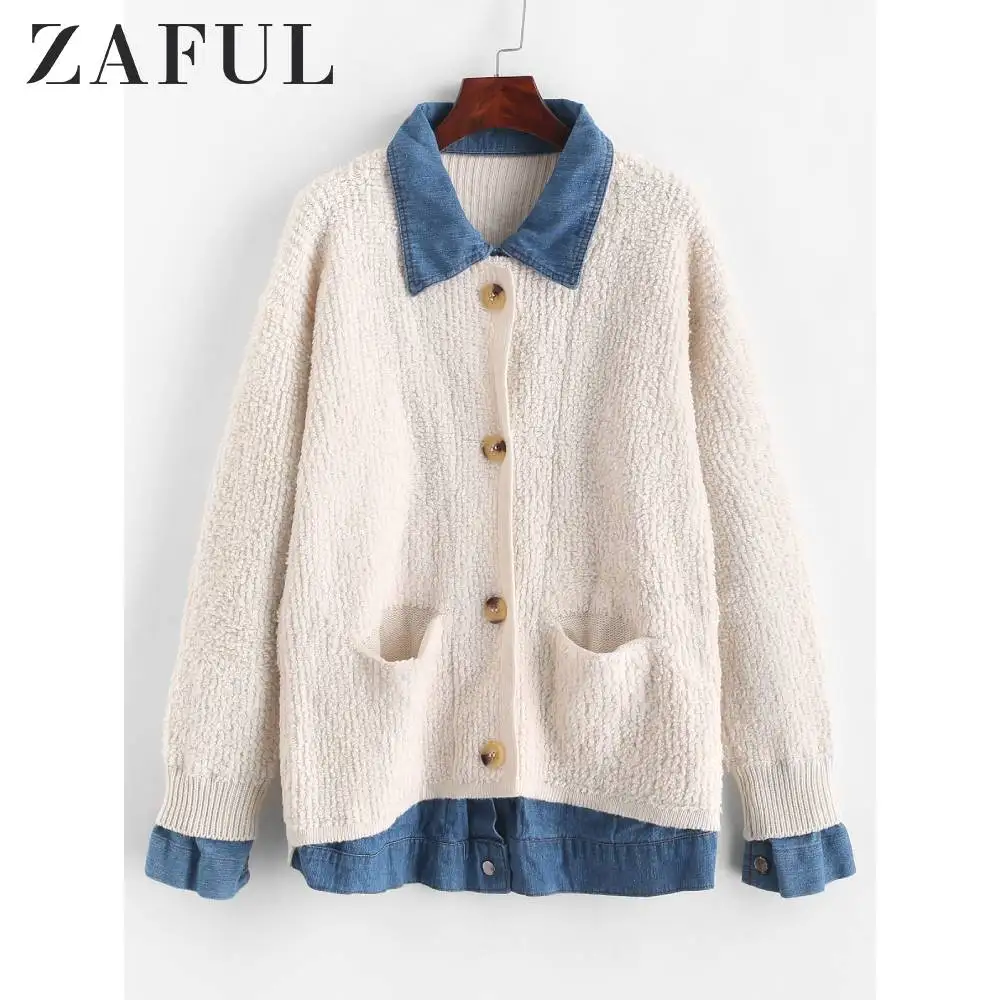 Best Price ZAFUL Pocket Color Block Mixed Media Daily Cardigan Turn-down Collar Autumn Winter Loose Button Up Tops Popular Women Wearing