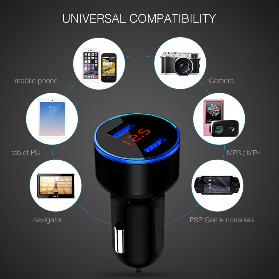 Dual USB Car Charger Adapter Universal 3.1A Fast Charging Digital LED Voltage Display Auto Metal Car-Charger For iPhone Samsung Xiaomi Huawei Smart Phone Tablet Car-Charger (6)