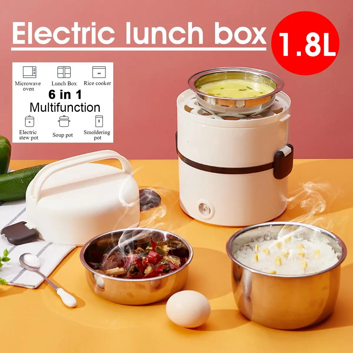

1.8L Stainless Steel 3 Layers Electric Rice Cooker Steamer Portable Meal Thermal Heating Lunch Box Food Container Warmer 250W