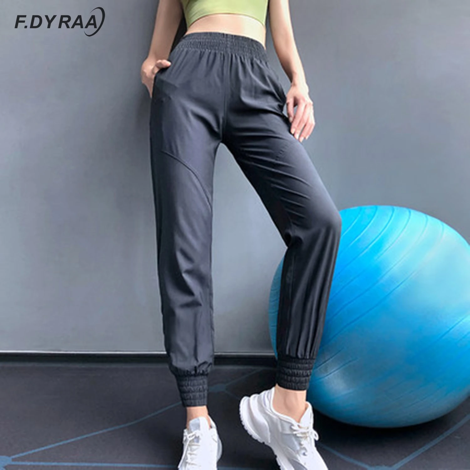 F.DYRAA Female Sportswear Trousers Quick Dry Running Pants Zipper Yoga Pants Loose Breathable Women Drawstring Training Jogging
