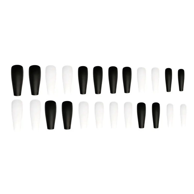 Preto e Branco Falso Longo Unha Fosco Caixão Armadura Unhas Destacável Wearable Capa Completa Dicas 24 Pçs 7 wearable capa completa falso unhas dicas