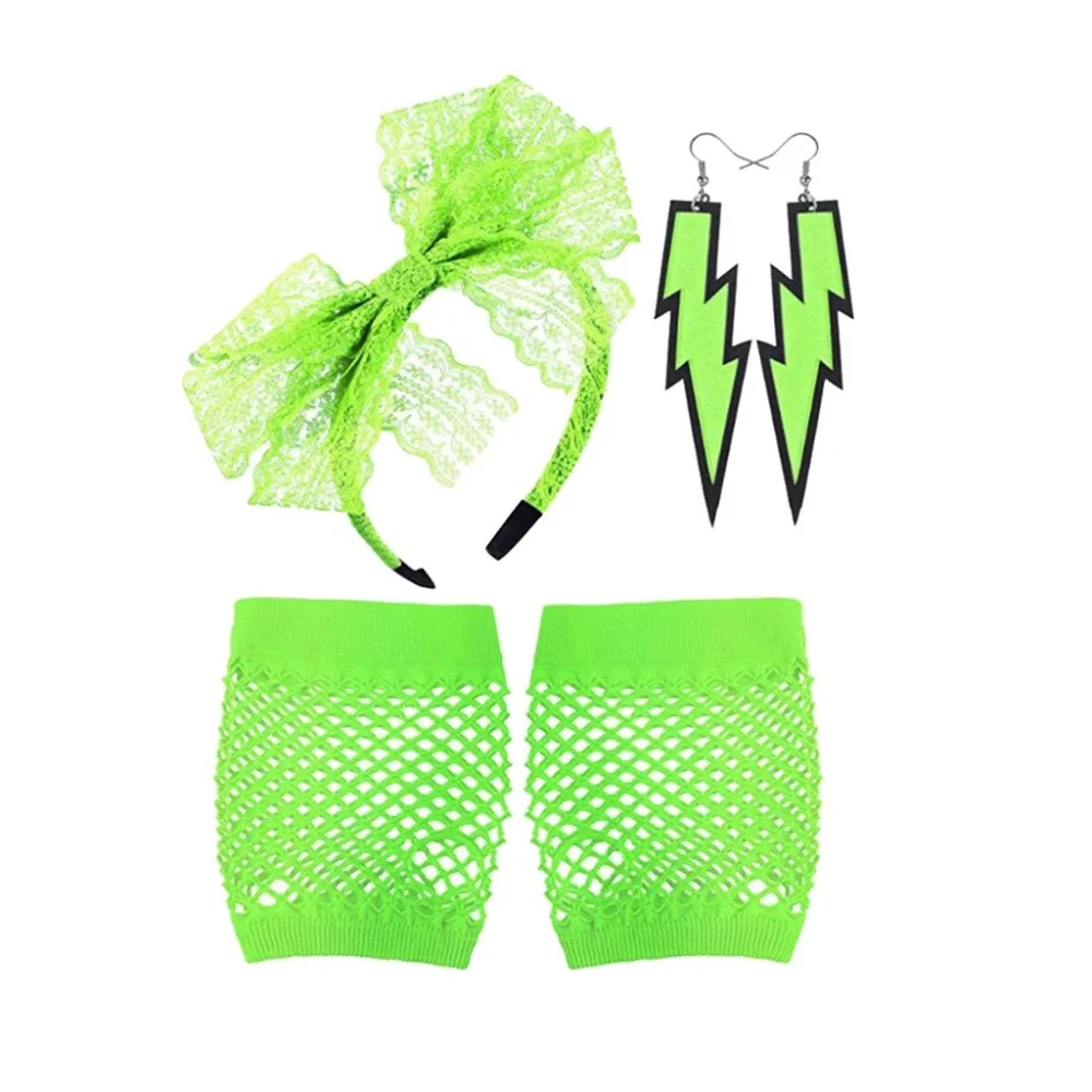 Women Fashion Lace Headband Neon Earrings Fingerless Fishnet Gloves For 80's Party guantes eldiven handschoenen  (5)