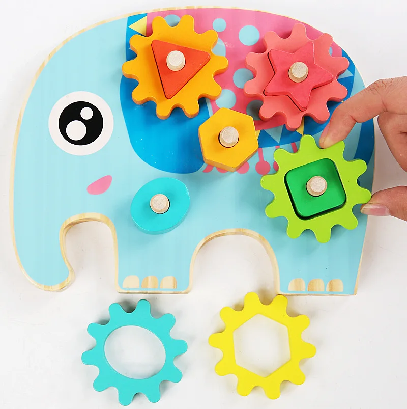 Children's Educational Toy Geometric Shape Matching and Inserting Column Wooden Building Blocks Gear Set Early Learning Toys