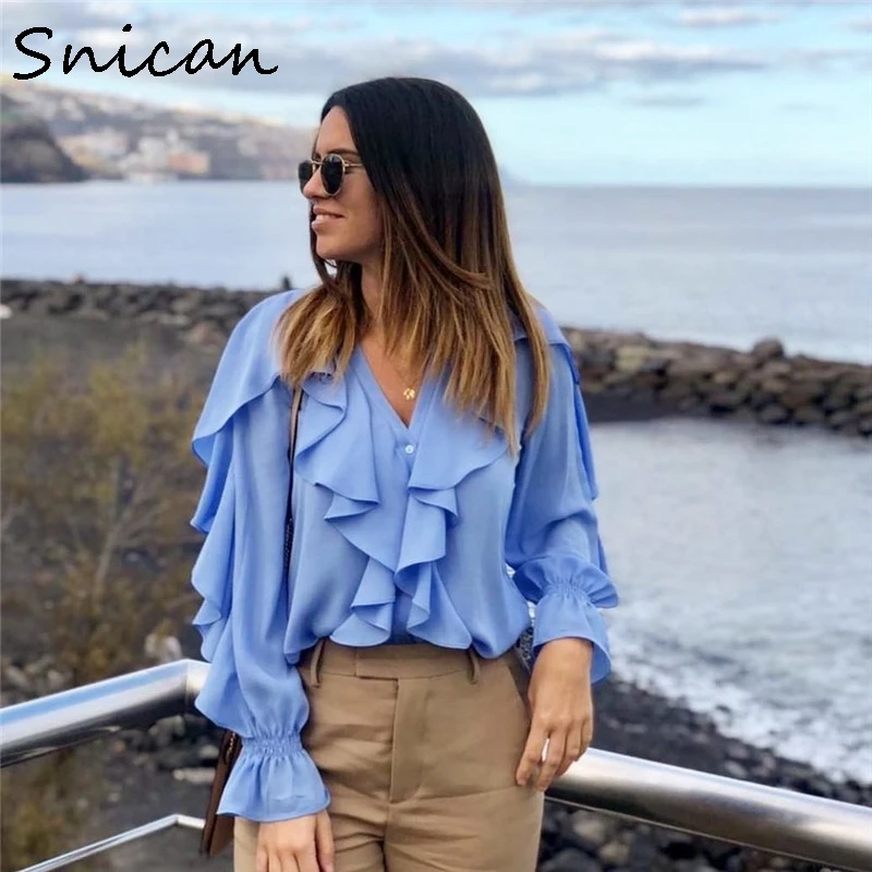 

Snican flare sleeve cascading ruffle chiffon blouse vintage office ladies fashion shirt blue solid female tops za 2020 women new