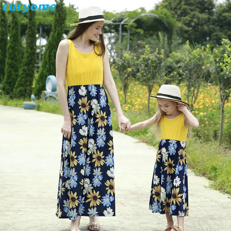 Matching Mother And Daughter Floral Sleeveless Dress Family Patchwork Summer Clothes Mommy And Me Women Sun Flower Sundress