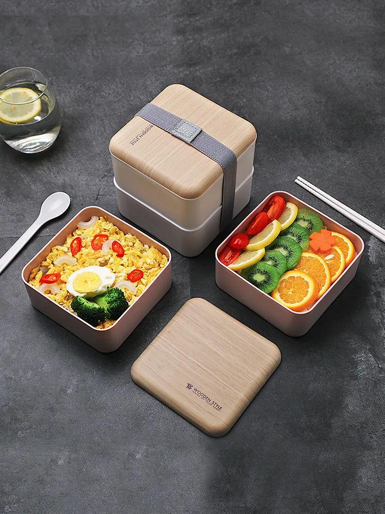 

Square Lunch Box Grid 2 Layers Fresh Bowl Microwave Insulation Tableware Student Boxes With Lid Spoon Chopstick bento Container