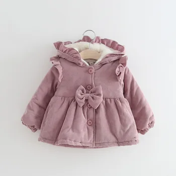 

Winter Baby Girls Coat Fashion Ruffles Pink Hooded Jacket Plus Velvet Thicken Warm Jacket Kids Lamb Cashmere Outerwear Coats