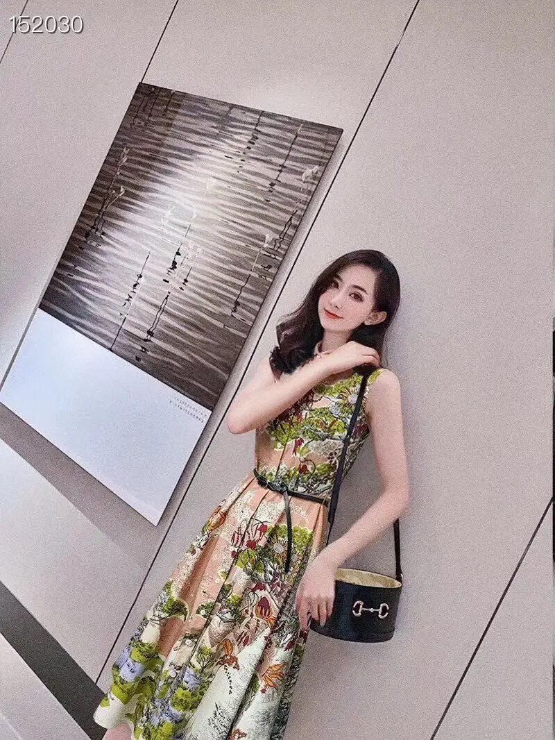 

2020 Summer Runway Vintage Landscape Print Sleeveless Single Breasted Belt Women Ladies Casual Hot Sale Designer Slim Dresses
