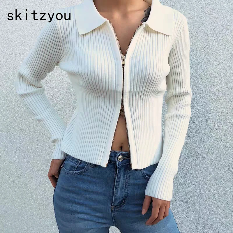 

skityou Autumn Winter Women Zipper Ribbed Sweaters Cropped White Knitted Cardigans Long Sleeve Slim Black Short Sweaters V Neck