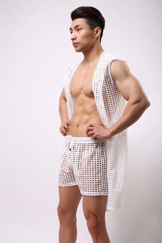 Men Mesh Robes Brand Sexy Men Bathrobe Sleepwear Short Sleeve Bath Robe Sleep Lounge(No Boxers) men's cotton pajama pants with pockets