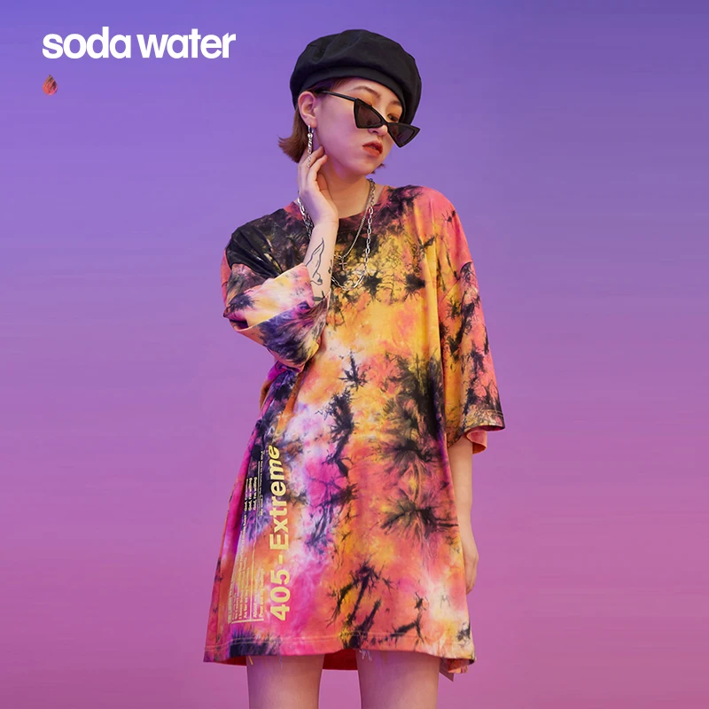 

SODAWATER Girl Oversized Tie Dye T-shirt Fashion Style Women T-shirt Streetwear Hip Hop Style Women Summer Loose Tshirt 1107S20