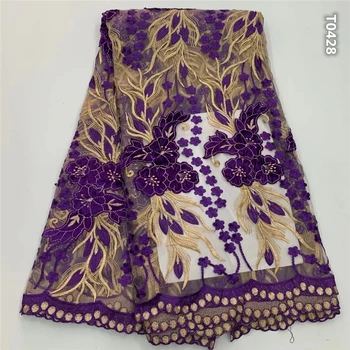 

Purple african velvet lace fabric embroidered with sequins 5 yards/piece nigerian mesh laces fabrics for garment sewing