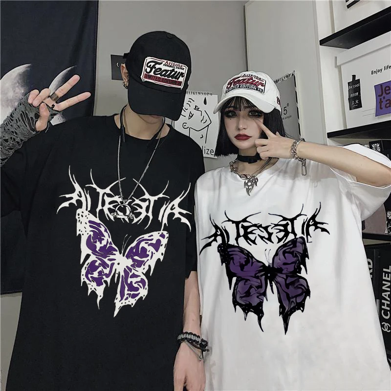 Women'S Fashion Printed T-Shirt Gothic Trend T-Shirt Summer Couple Harajuku Hip Hop O Collar Butterfly Top Loose Punk Clothing