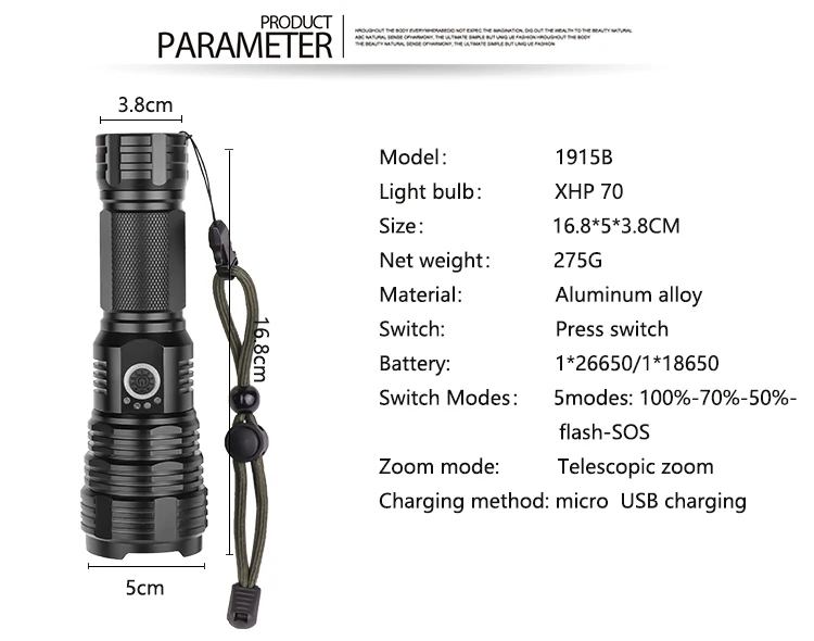 Супер яркий светодиодный светильник-вспышка, фонарь с зумом XHP70, Тактический водонепроницаемый светильник, лучший для рыбалки, охоты, светильник с батареей 18650 26650