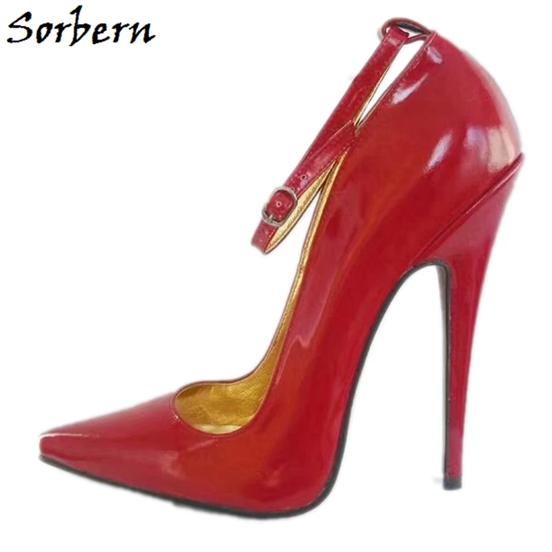 Sorbern/туфли-лодочки с ремешком на лодыжке; женские туфли-лодочки на высоком каблуке-шпильке с острым носком; женские офисные туфли из натуральной кожи; Новинка года - Цвет: Red Shiny