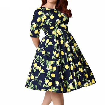 

Floral&Lemon Print Women Vintage Dress Autumn and Winter Round Neck Half Sleeves A-lined Dress Party Dresses Plus Size