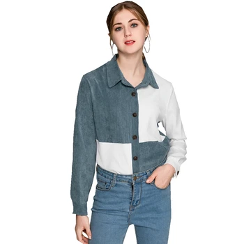 

Fashion Autumn winter Women Turn-down collar Corduroy full-Sleeve Contrasting colour casual loose blouse shirts Tops