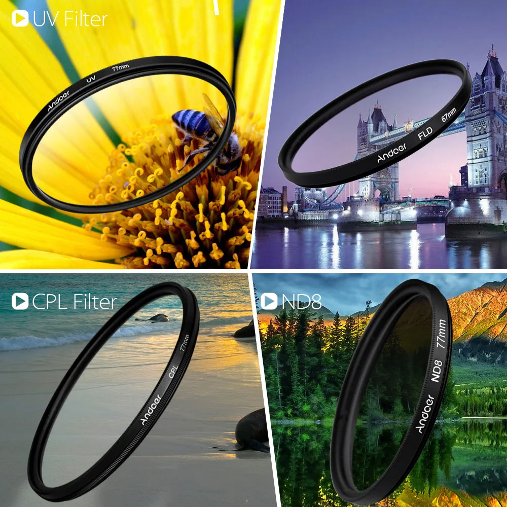 Andoer 55 мм UV+ CPL+ FLD+ ND(ND2 ND4 ND8) Комплект фильтров для фотосъемки Ультрафиолетовый круговой поляризационный фильтр для Nikon Canon DSLRs