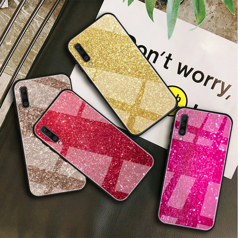 Sparkle sequins Tempered Glass Phone Case For Samsung A72 A71 A70 A51 A50 A42 A41 A40 A32 A31 A30 A21 A20 A10 S52 A6 2018 | Мобильные