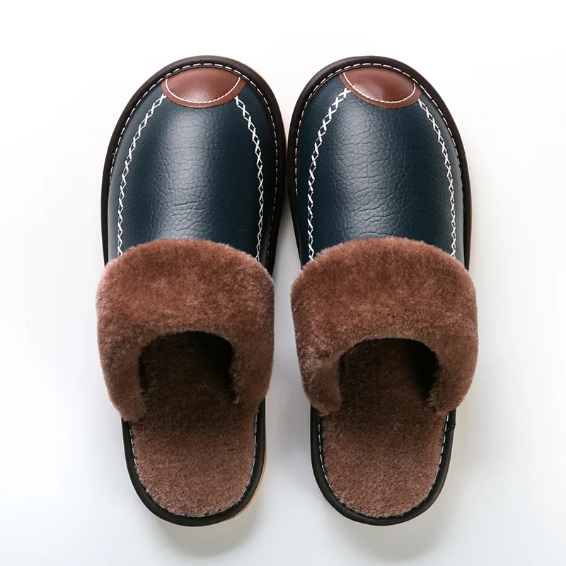 Men Winter Leather Slippers Bedroom Cotton Slippers Male Waterproof Thick Plus Velvet Indoor Warm House Home Slippers Shoes_voghion.com