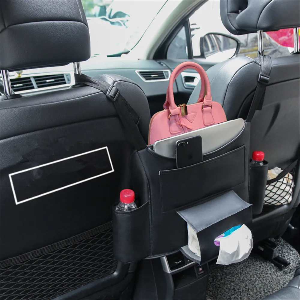 PU Leather Car Seat Central Hanging Storage Bag Auto Safety Barrier Snacks Food Phone Tissue Cup Organizers Seat Gap Pockets
