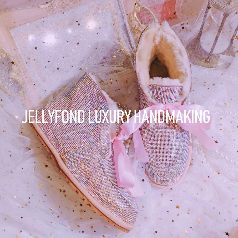 JELLYFOND стразы; зимние модные ботинки; женские зимние ботинки на плоской подошве из натурального меха; Водонепроницаемая теплая зимняя обувь; Botines Mujer