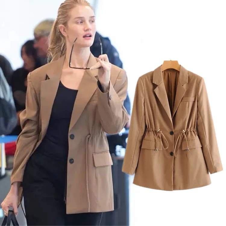 

Ozhouzhan Trend New Style Double Drawstring Fold-down Collar Suit Women's 2019 Star Celebrity Style Single Breasted Waist Huggin