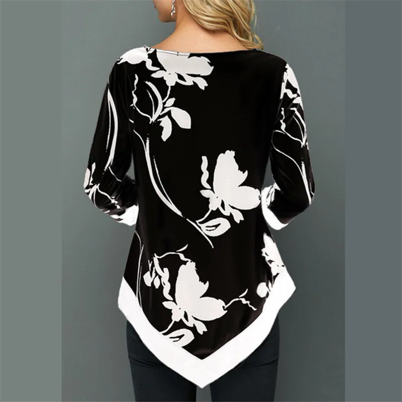 4XL Plus Size Women Blouses 2019 Autumn Tops Casual Long Sleeve Print Lace Patchwork Shirt Lady Irregular Blouse Large Size 5XL