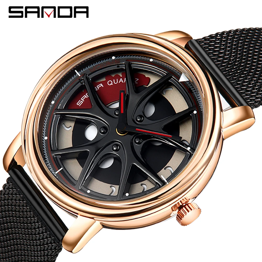 SANDA Men Rim Hub Watch Custom Design Car Wrist Watch Stainless Steel Custom not Printing Wheel Rim Hub Rotating Dial Watches 