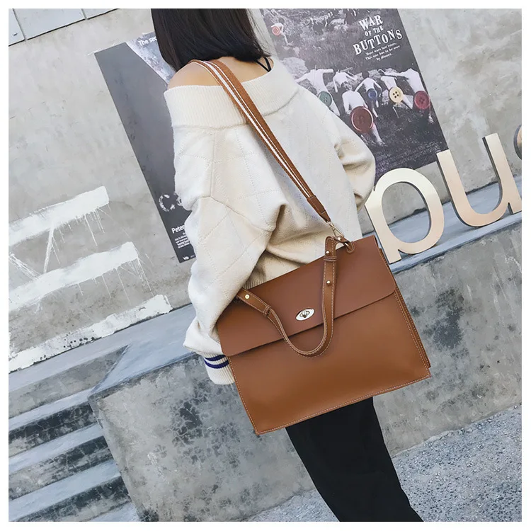2019 Woman Briefcase Bag Leather Handbags Ladies Vintage PU Shoulder Bag Crossbody Satchels Office Document Bag Wide strap Purse (13)