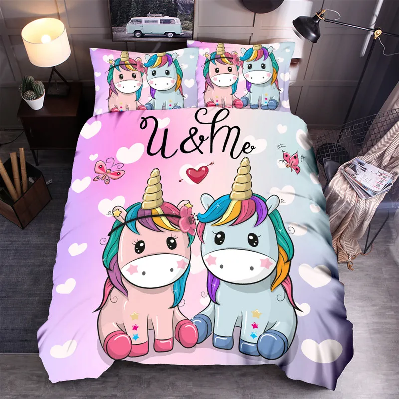 Kawaii постельное белье с изображением единорога комплект простыня для