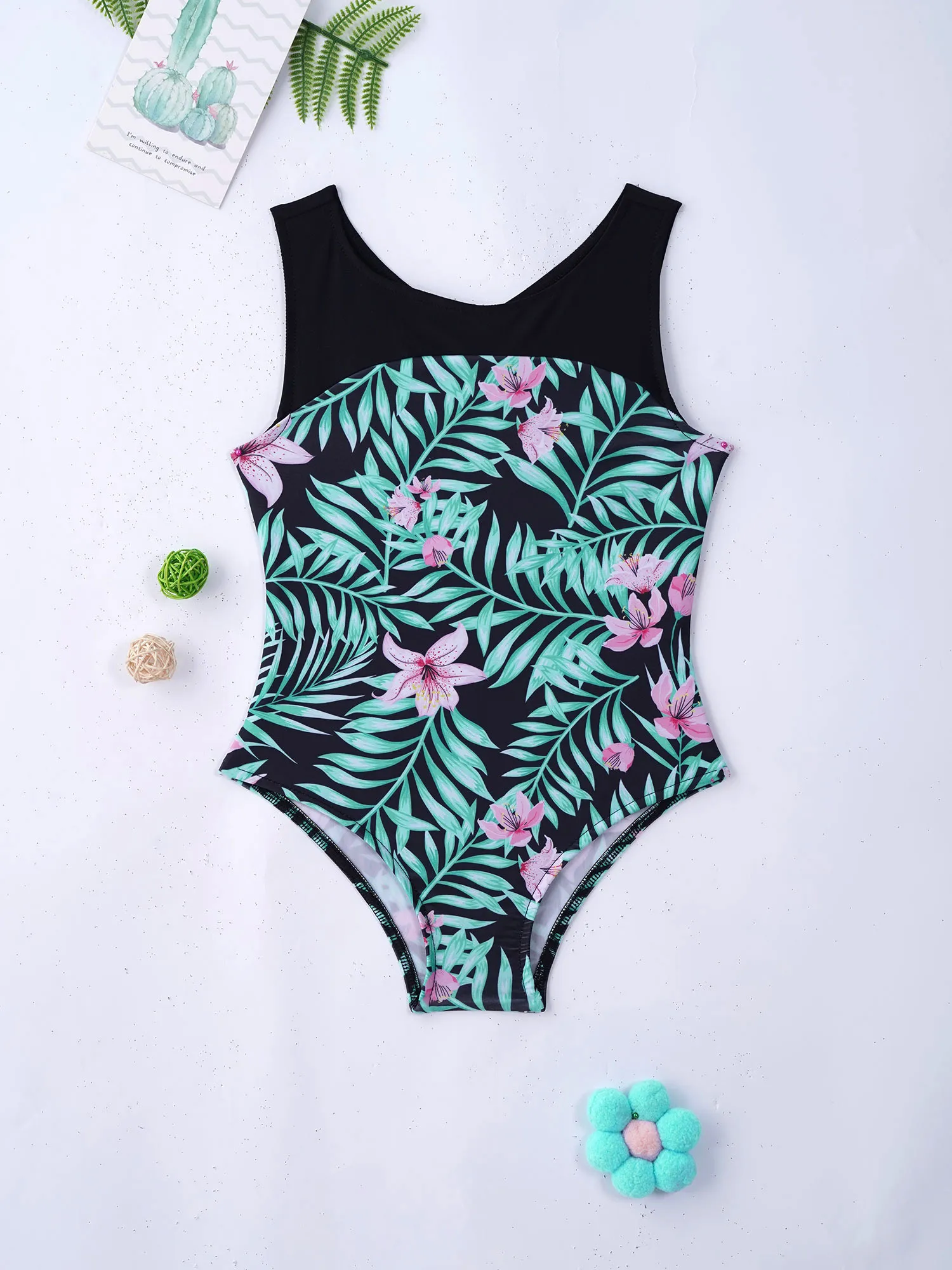 TiaoBug Summer Kids Girls One-Piece Print Swimming Bathing Beach Pool Swimsuit Round Neck Sleeveless Leotard Bodysuit Swimwear