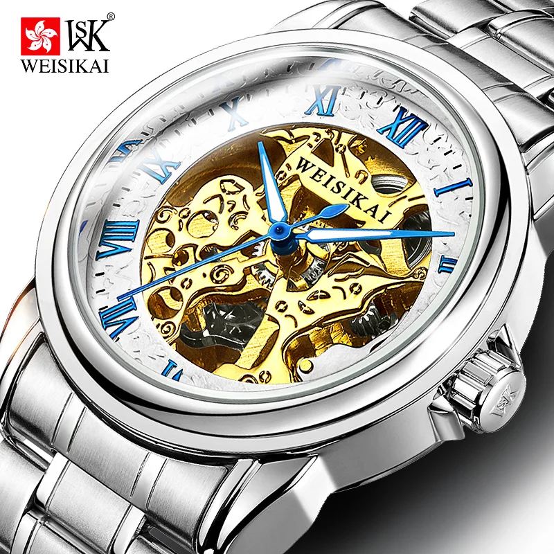 

Mechanical Watch Trend Luminous Waterproof Fashion Steel Belt Watch Youth Man Jobs Travel Silver Blue