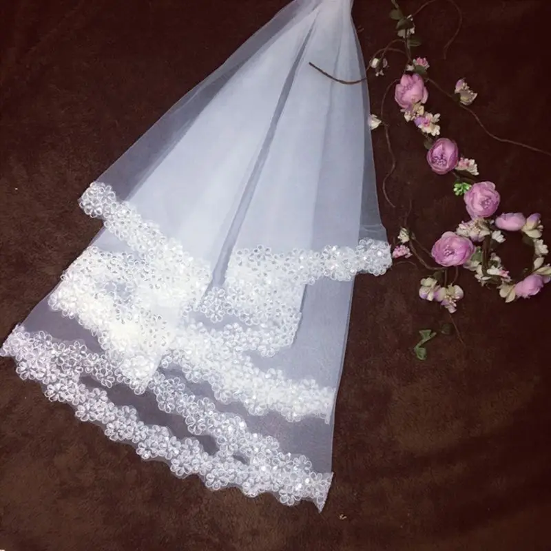1,5 м 1 слой женская свадебная белая длинная фатиновая вуаль с блестками вышитая Цветущая Слива край Свадьба без гребня