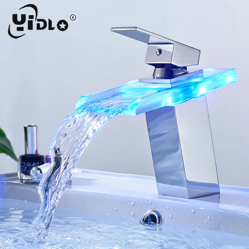 Yidlo Led Basin Faucet Brass Waterfall Temperature Colors Change