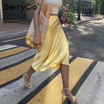 

BerryGo A-line office ladies midi skirt Glossy side zipper women chic bottom 2020 Holoiday solid shiny female loose skirt