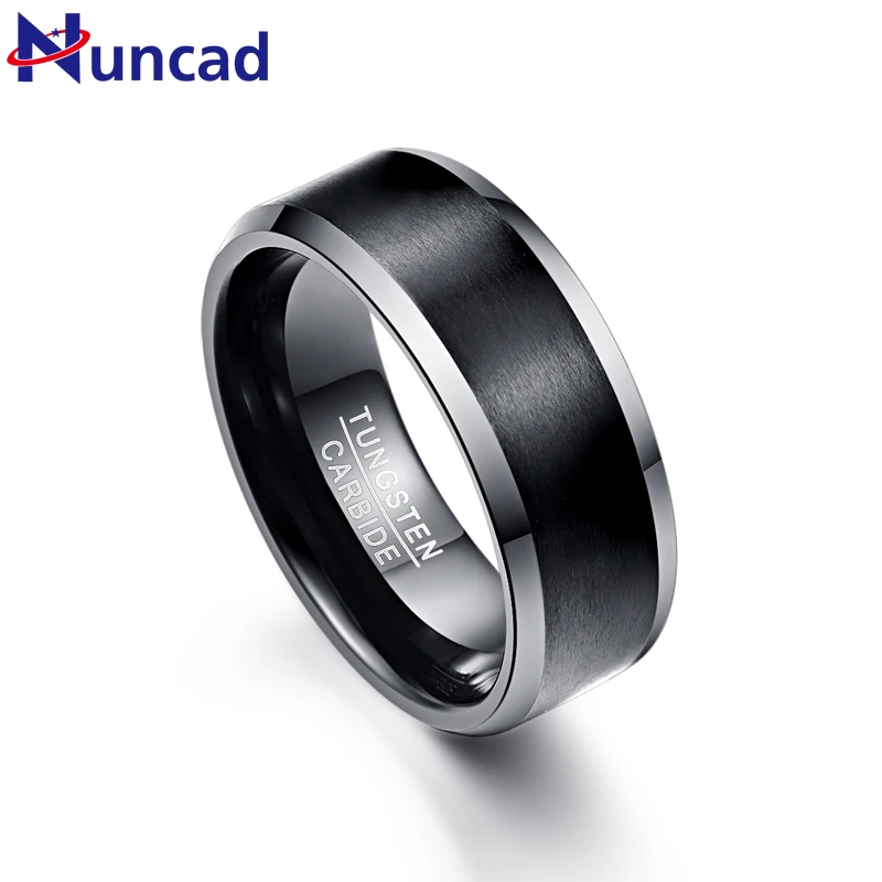 Nuncad Men's 8mm Black Brushed Tungsten Wedding Band Rings Matte Finish Polished Beveled Edge Comfort Fit