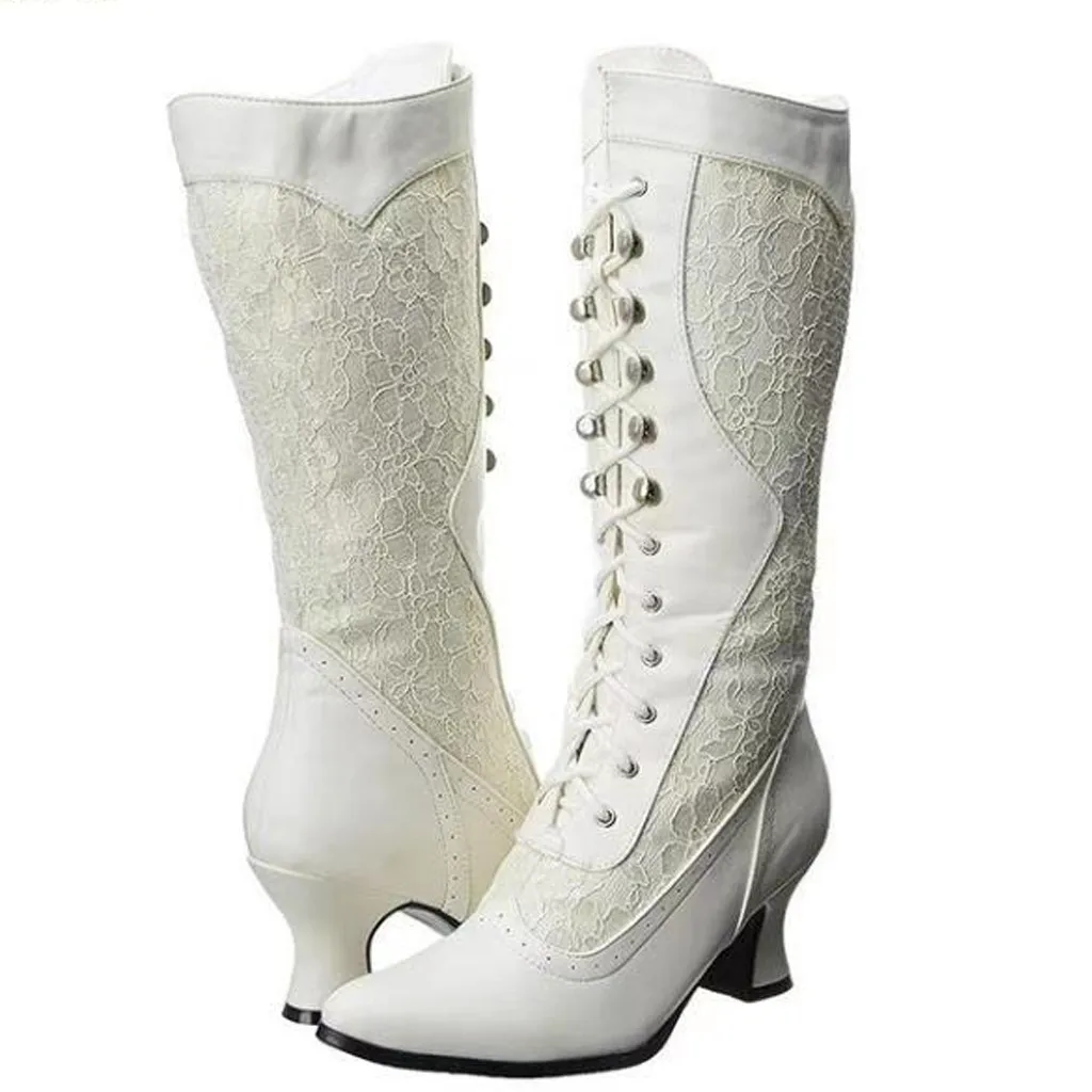 Women's High Heeled Boots Fashion Lace Pointed Toe Shoes Side Zip Mid-Tube Boots Winter Autumn Lace-Up Matching White Boots