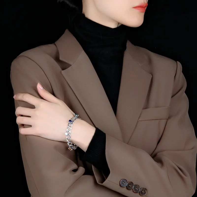 Pulsera de plata de ley 925 sin mangas con incrustaciones de piedra y brazaletes| - AliExpress