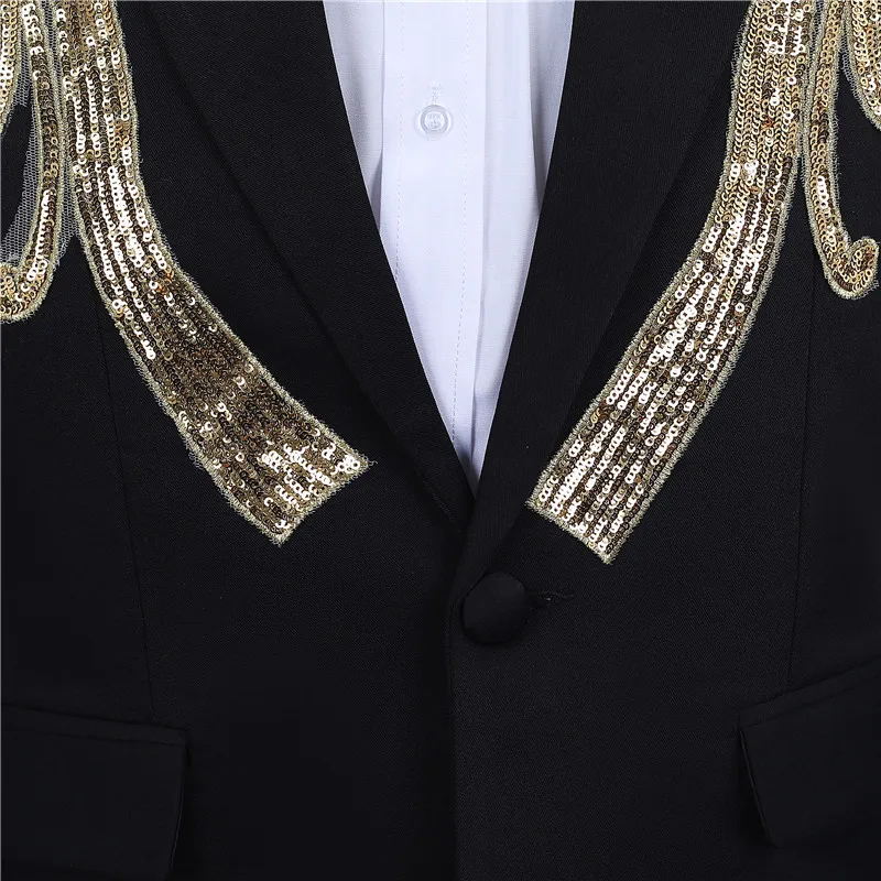 Мужские вечерние костюмы с золотыми блестками, приталенный пиджак, пиджак для выпускного, свадьбы, жениха, деловой костюм, пиджак для мужчин, певец и ведущий сценический костюм