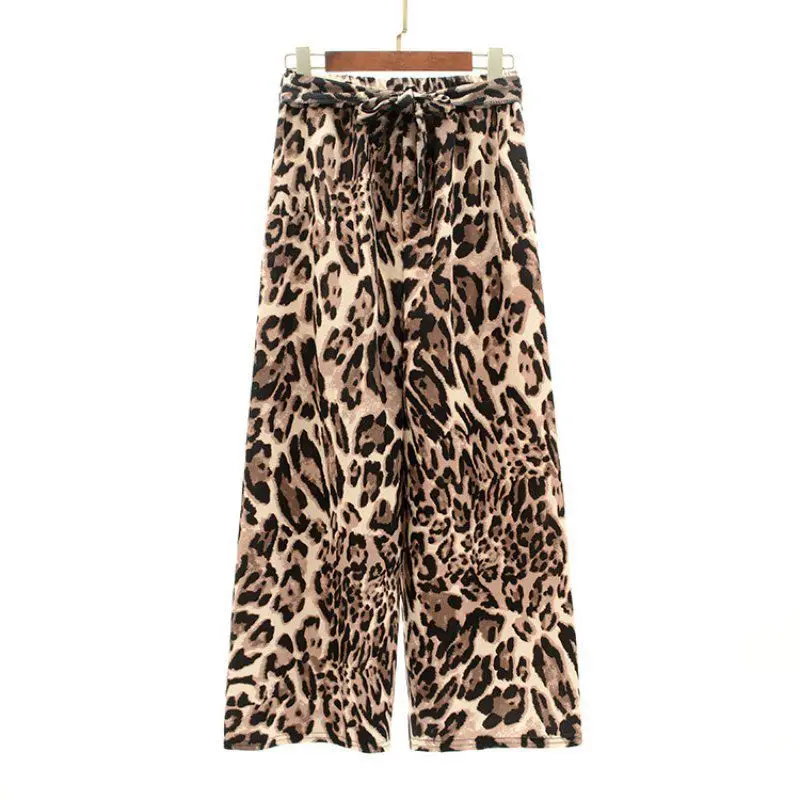 Повседневные свободные женские брюки с высокой талией и леопардовым принтом, удобные широкие длинные штаны с животным принтом для девочек