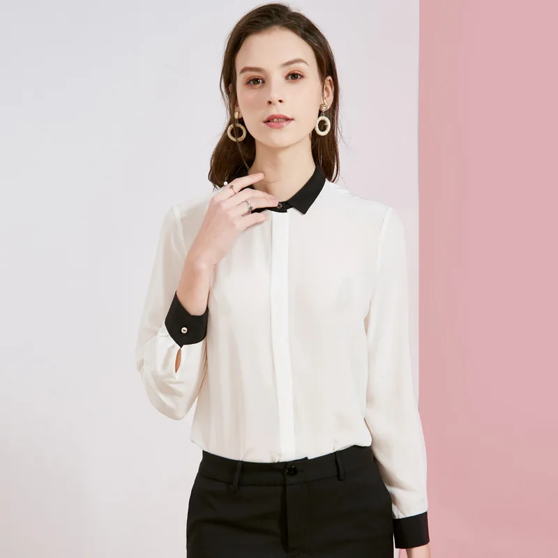 

2020 Spring Women 2020 High Quality Long Sleeved Real Silk Shirts and Blouses Stand Collar Tops