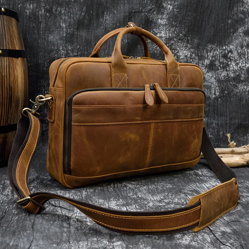 Luufan мужской портфель из натуральной воловьей кожи, деловая сумка 15,", сумка для компьютера Crazy Horse, Кожаные мужские сумки, мягкая толстая кожа - Цвет: light brown