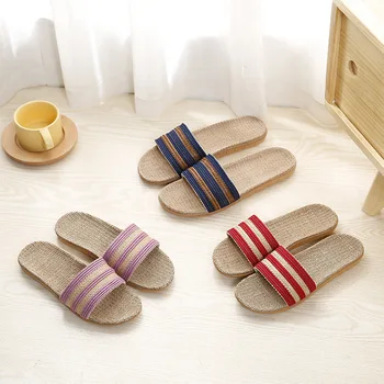 

New Women Linen Slippers EVA Girls Shoes Women Couple Flip Flops Soft Multicolor Stripes Casual Summer Chaussures Femal