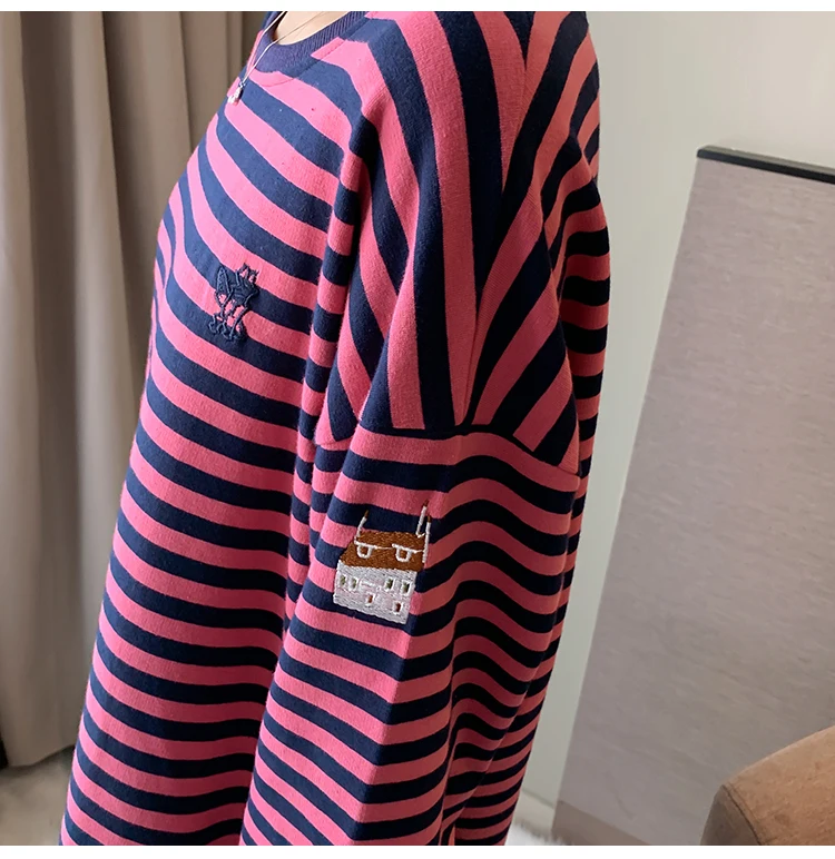 Maternity Autumn Clothes Embroidery Long Sleeve O-Neck Fleece Patchwork Striped Pregnant Women Sweatshirts Loose Cotton Hoodies
